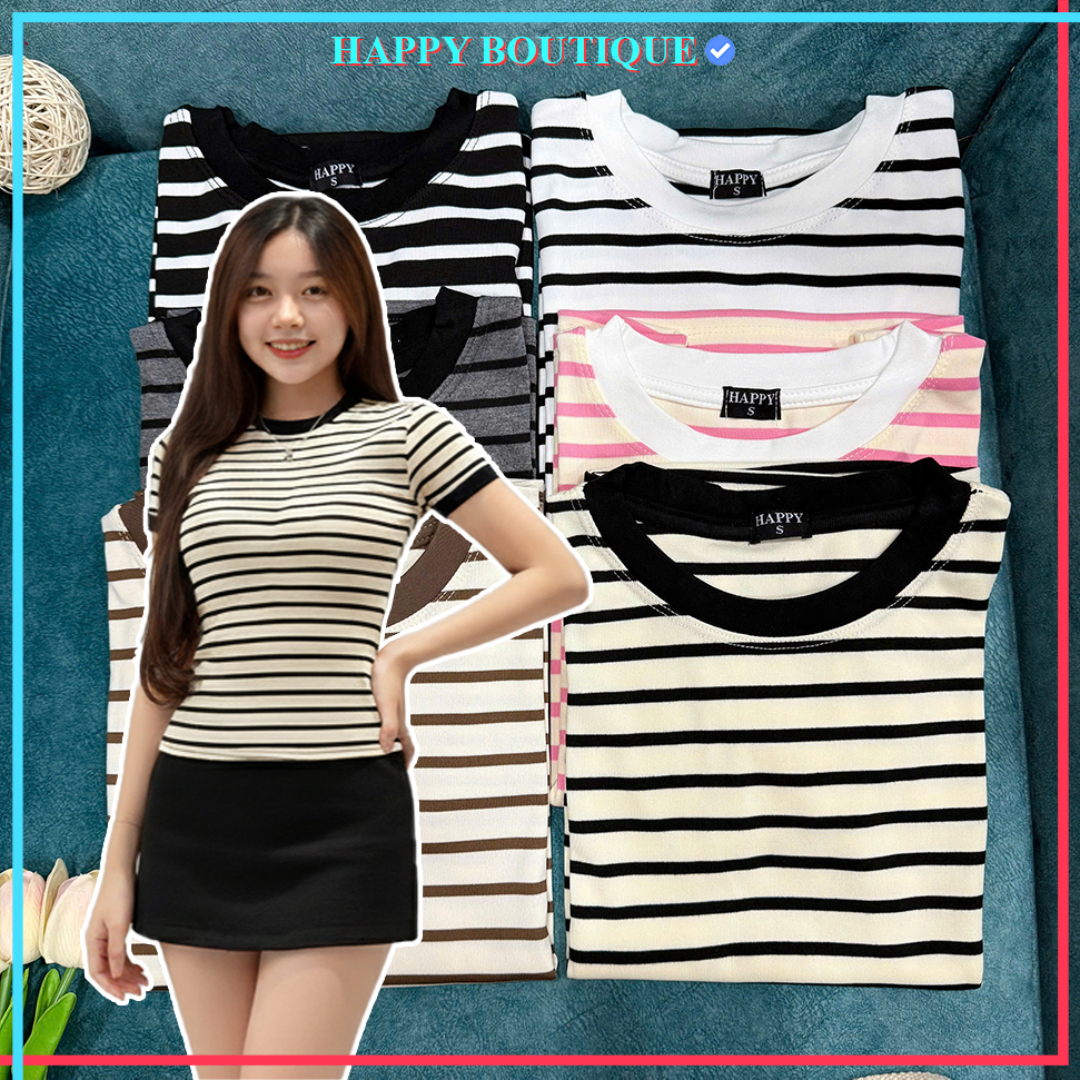 [MỞ BÁN] Áo Thun Sọc Viền Nữ Ôm Dáng Chiết Eo Basic Cotton Mềm Mịn HAPPY BOUTIQUE | BigBuy360 - bigbuy360.vn