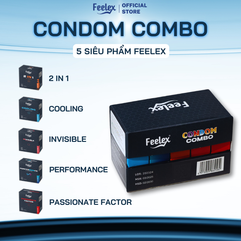 Combo bao cao su Feelex siêu mỏng 5 trong 1 đa dạng, nhiều tính năng, nhiều gel bôi trơn - 15 chiếc bcs