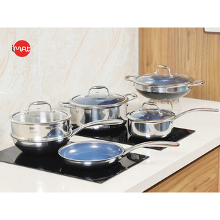   Hỏa tốc HCM  Bộ 5 nồi chảo iMat Hybrid Blackcube inox phủ chống dính gốm - Ceramic lòng xanh 