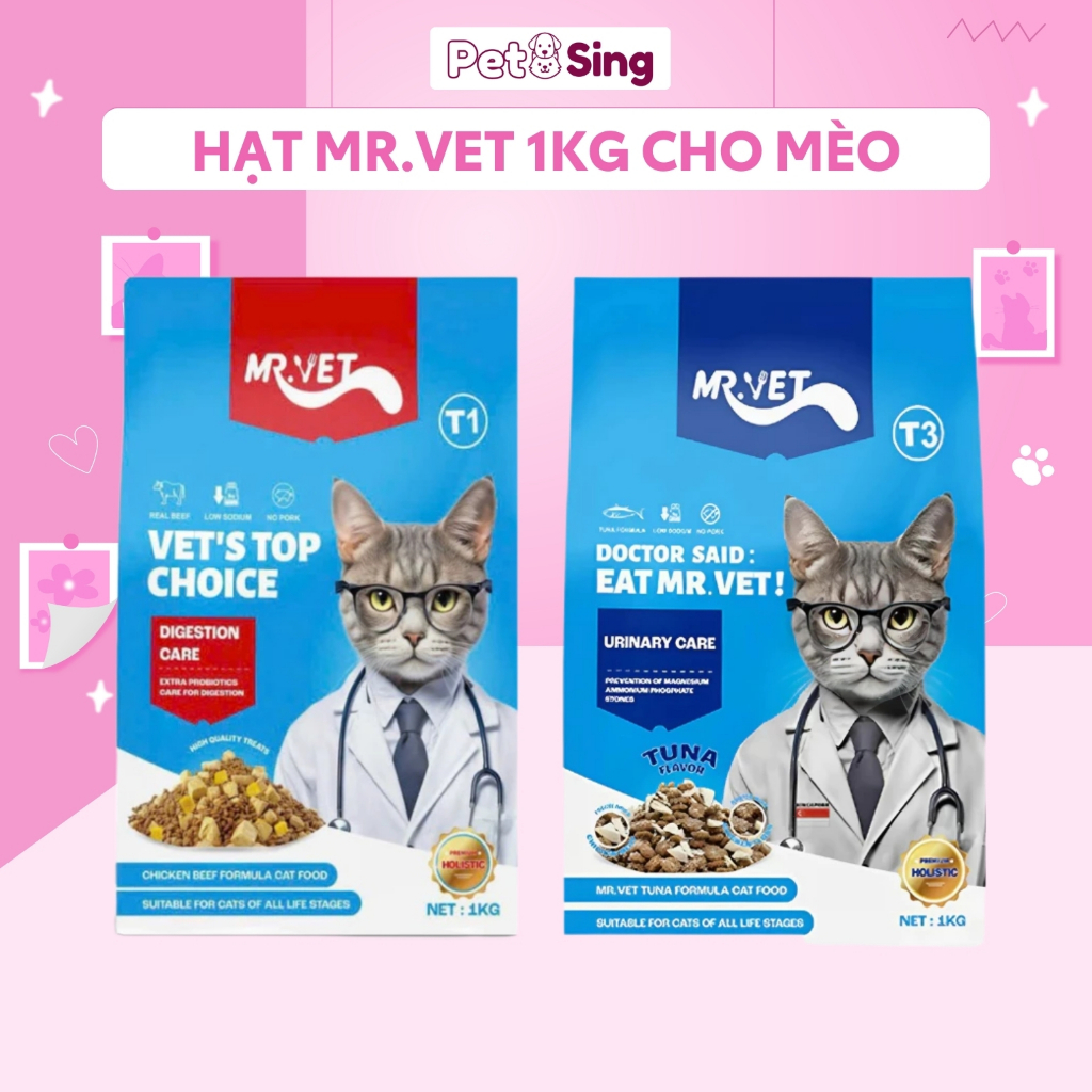 Hạt Mr.Vet Cho Mèo Mọi Lứa Tuổi - Hạt mèo topping 1kg Mr Vet hỗ trợ tiêu hóa, bảo vệ thận T1, T3