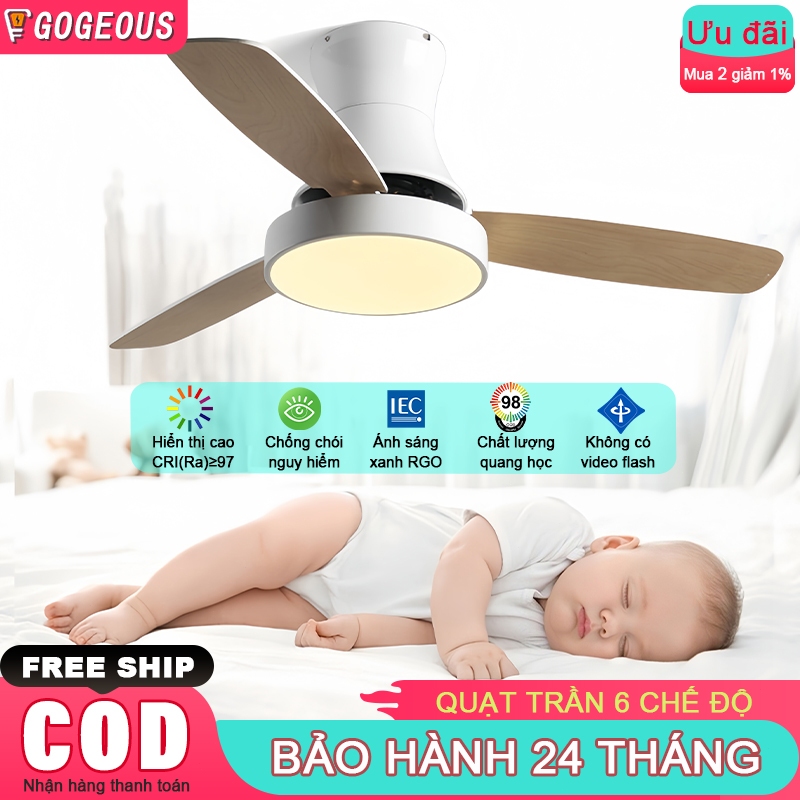 【COD】Quạt trần phòng khách GOGEOUS 3 cánh đông cơ DC quạt trần ba màu quạt trần có đèn phòng ngủ