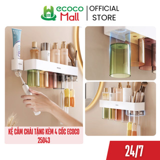 Kệ cắm bàn chải, để đồ đa năng ECOCO tặng kèm 4 cốc chịu nhiệt thế hệ mới không cần khoan vít, nhựa PP cao cấp 25043