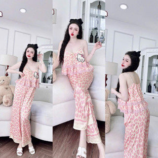 Bộ đồ bộ mặc nhà áo hai tầng nút bọc vải + quần dài có túi lụa latin 40-55kg vừa.