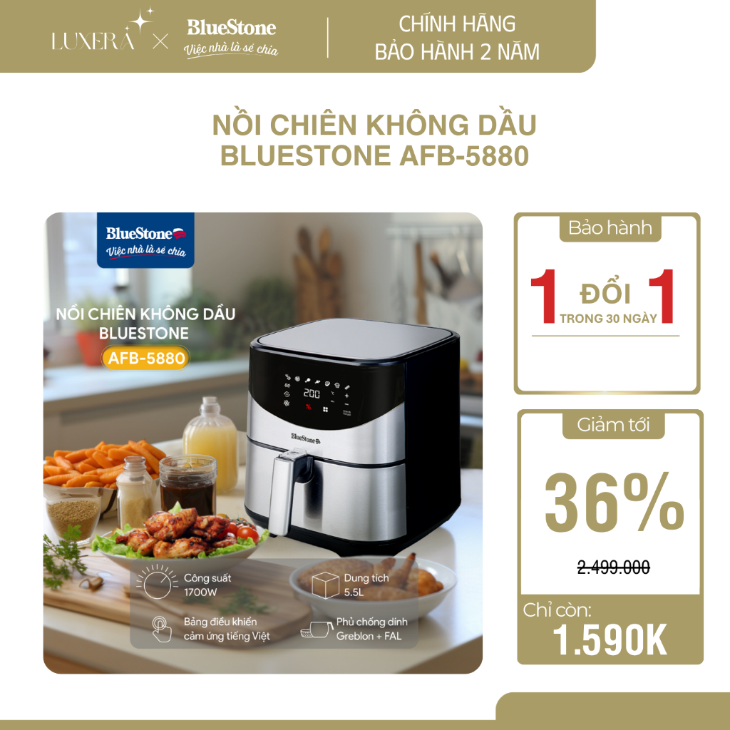 [ HỎA TỐC TP.HCM ] Nồi Chiên Không Dầu Điện Tử CHÍNH HÃNG BlueStone AFB-5880 | 1700W - 5.5 Lít|