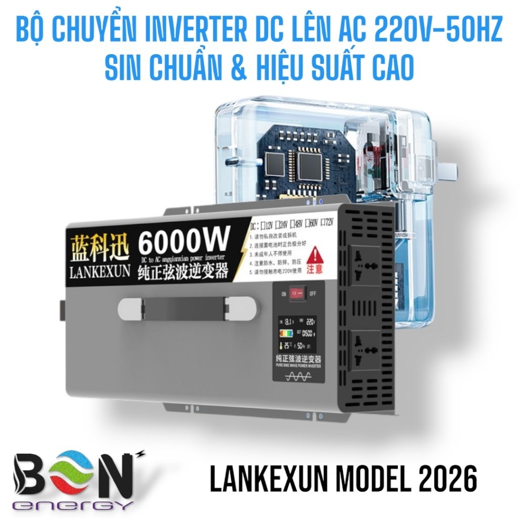 BỘ CHUYỂN ĐỔI HIỆU SUẤT CỰC CAO 2026 LANKEXUN DC 12V 24V 48V 60V 72V LÊN AC 220V 50HZ SIN CHUẨN 100%