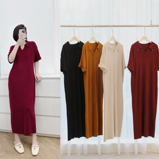  PETBYCHANG - Váy Len Dáng Dài Cổ Bẻ Đính Cúc Váy Len Gân Co Giãn Váy Len Dài Dáng Suông Hàn Quốc 