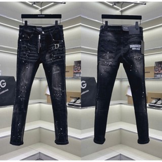  Quần jean bò nam PB slimfit đen bạc khoá lệch cào xước vảy sơn tag logo đùi phối in chữ túi 4 cúc QJ741P 