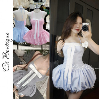  SALE XÃ KHO Đầm cổ yếm sọc  "NƠ TRẮNG"  tùng váy bí bồng bềnh   có lưới phồng   đính nơ Cá Boutique 