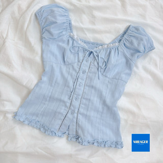  Aeris Top - Áo kiểu nữ cách điệu tay bồng trễ vai tôn dáng màu xanh pastel by MIRACER 