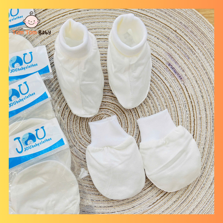 Bộ Bao Tay, Bao Chân Sơ Sinh Thun Lạnh JOU co giãn 4 chiều cho bé trai, bé gái - Trắng Bo Gấu