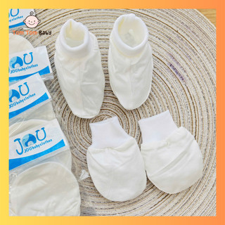 Bộ Bao Tay, Bao Chân Sơ Sinh Thun Lạnh JOU co giãn 4 chiều cho bé trai, bé gái - Trắng Bo Gấu