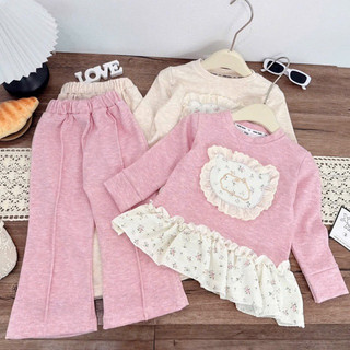  S326 Vani Kids - Sét Bộ Len Tăm Lông Thỏ Thêu Hoa Gấu Phối Ren Xinh Cho Bé Gái 