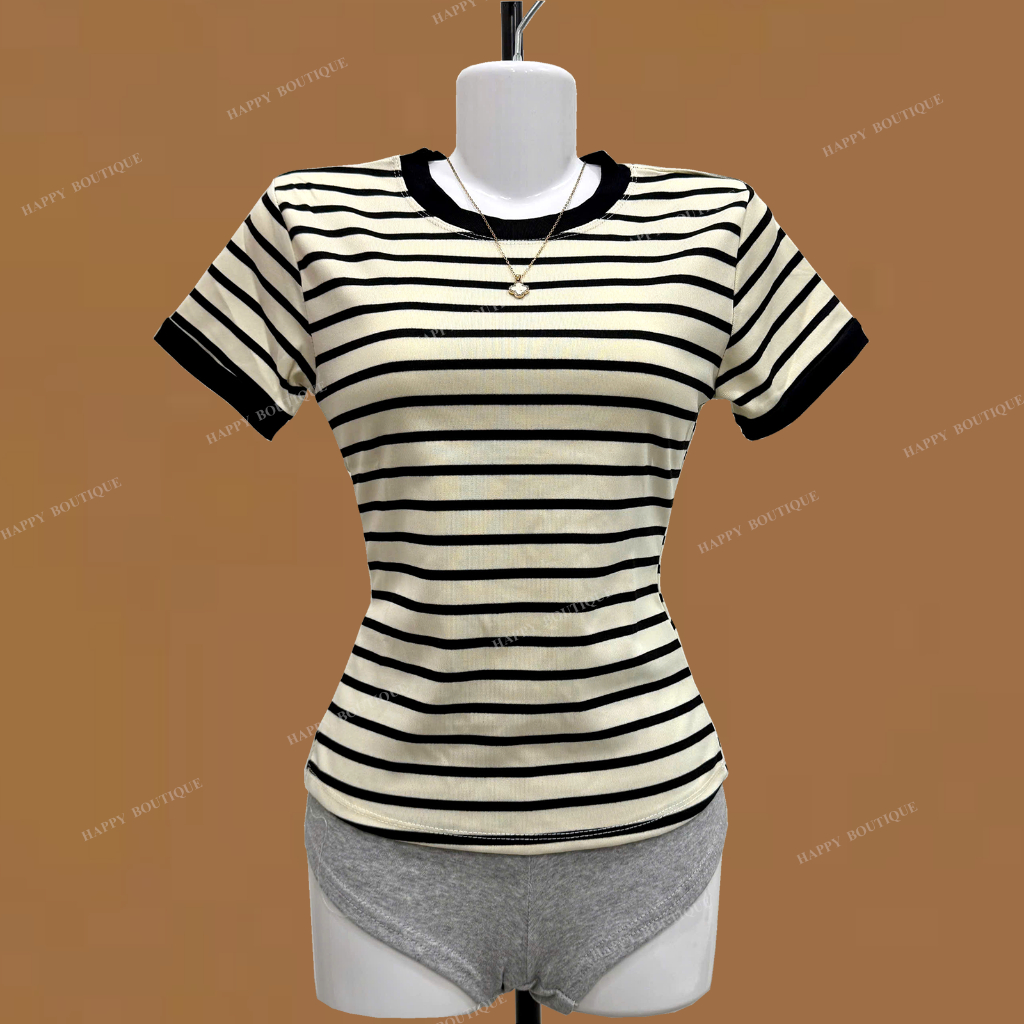 [MỞ BÁN] Áo Thun Sọc Viền Nữ Ôm Dáng Chiết Eo Basic Cotton Mềm Mịn HAPPY BOUTIQUE | BigBuy360 - bigbuy360.vn