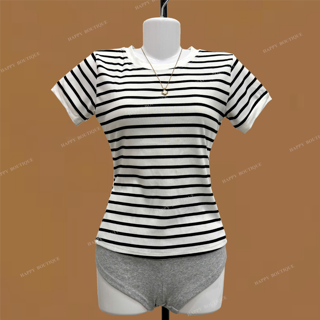 [MỞ BÁN] Áo Thun Sọc Viền Nữ Ôm Dáng Chiết Eo Basic Cotton Mềm Mịn HAPPY BOUTIQUE | BigBuy360 - bigbuy360.vn