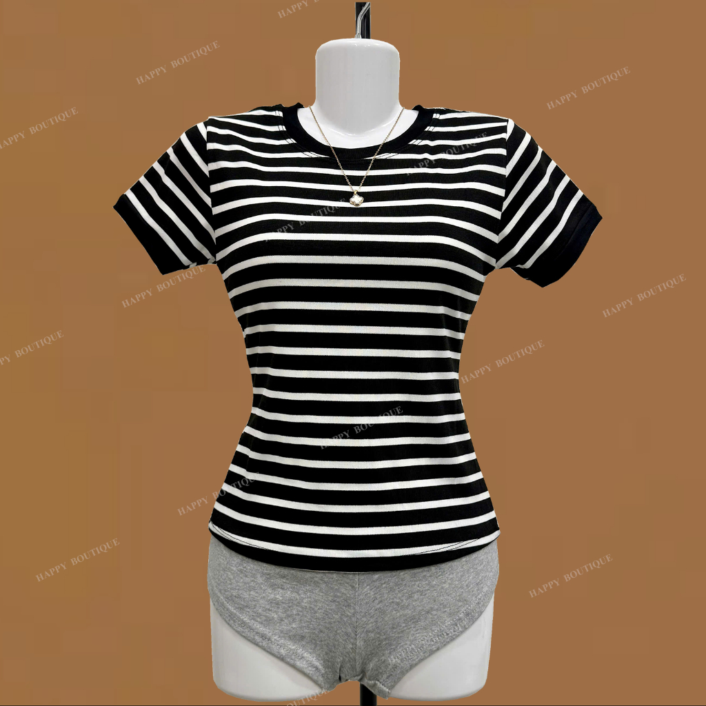 [MỞ BÁN] Áo Thun Sọc Viền Nữ Ôm Dáng Chiết Eo Basic Cotton Mềm Mịn HAPPY BOUTIQUE | BigBuy360 - bigbuy360.vn