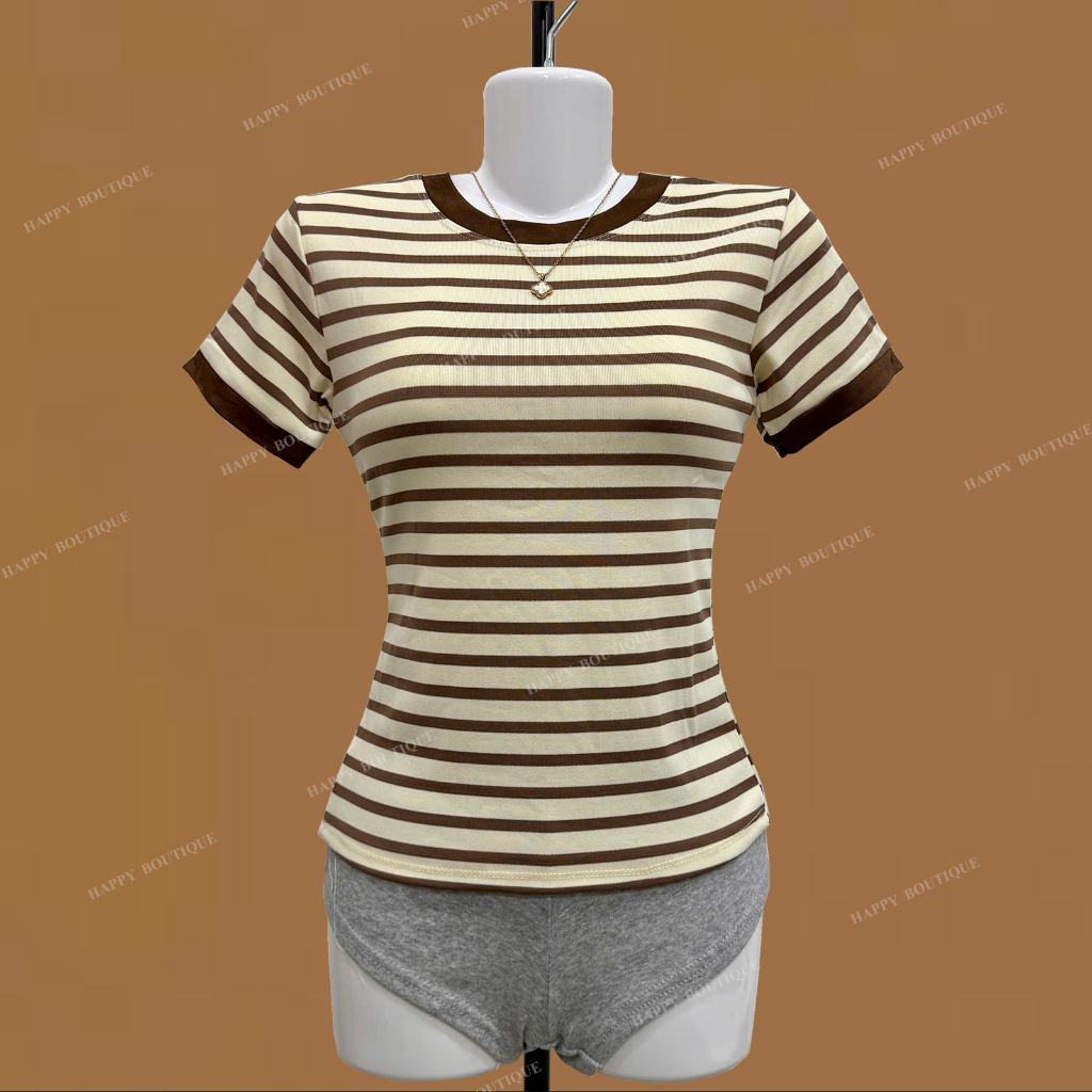 [MỞ BÁN] Áo Thun Sọc Viền Nữ Ôm Dáng Chiết Eo Basic Cotton Mềm Mịn HAPPY BOUTIQUE | BigBuy360 - bigbuy360.vn