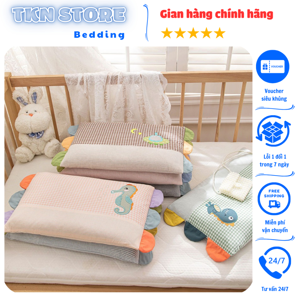 Gối trẻ em chất liệu cotton siêu mềm mại thoáng mát thấm hút mồ hôi, Gối cho bé đi học mầm non size 30x50cm nhiều mẫu