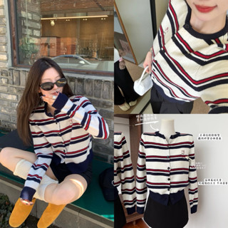 Áo len cardigan kẻ thêu hình cún dáng vừa hàng QC