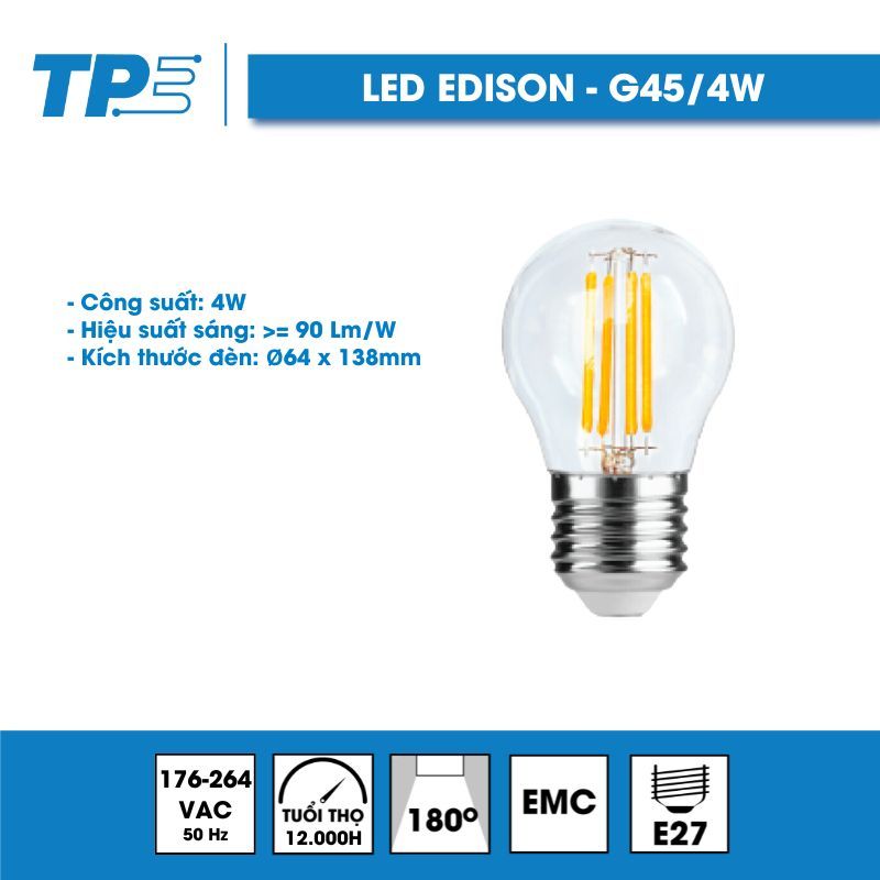 Bóng đèn LED Edison G45 - Kích thước 7x4cm, Đèn trang trí đa hướng, Ánh sáng vàng ấm, IP65