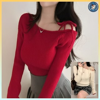   A457  Áo len thun Montoghi dệt kim LỆCH 1 BÊN VAI phối NƠ BUỘC tay dài xinh xắn sang trọng - L2M 