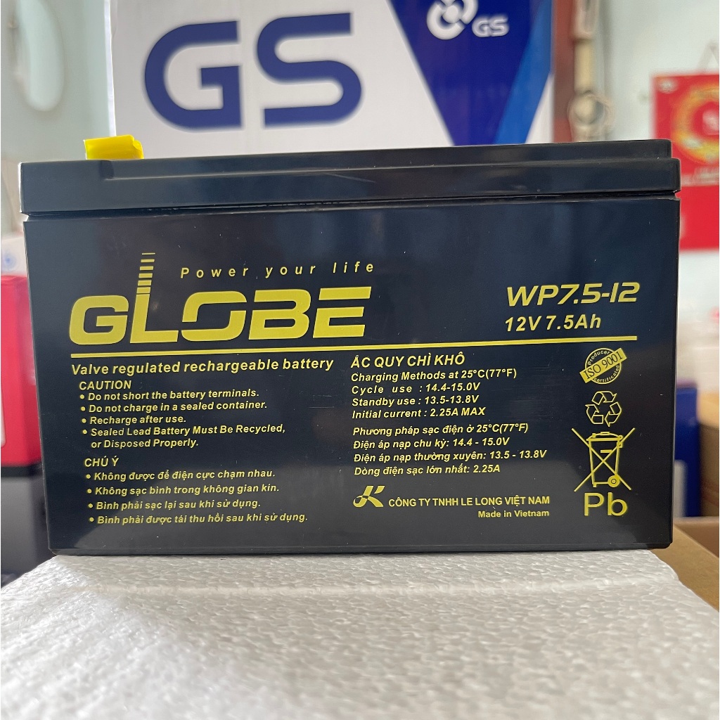 Bình ắc quy Globe WP 7.5 - 12 dùng cho UPS máy tính/cửa cuốn, bình xịt thuốc