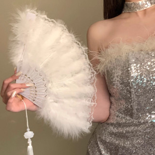 Quạt lông vũ viền ren cổ điển sang chảnh và quyến rũ, quạt cổ trang cầm tay kèm ngọc bội, phụ kiện múa biểu diễn đi tiệc