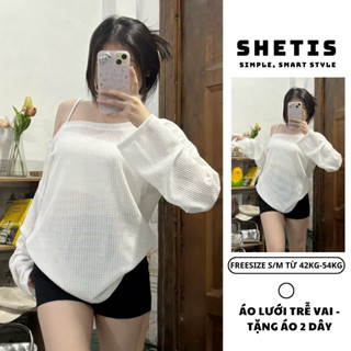 Áo Lưới Trễ Vai Dài Tay 📷 By Shetis, Áo Kiểu Form Rộng Ren Xốp Đi Biển (Tặng Áo 2 Dây Trong)_A368