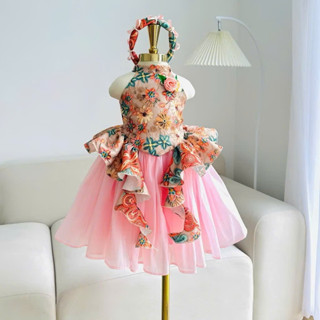 Set đồ trung thu bé gái, set áo yếm chất gấm thêu hoa ánh nhũ lấp lánh, CV dáng dài kèm mấn hàng cao cấp 10-30kg Junykid