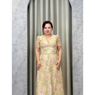  Đẫm maxi nữ bigsize LUCY họa tiết hoa vàng cổ tim chất liệu vải cao cấp mềm mịn thoáng mát fullsize 50-90kg 