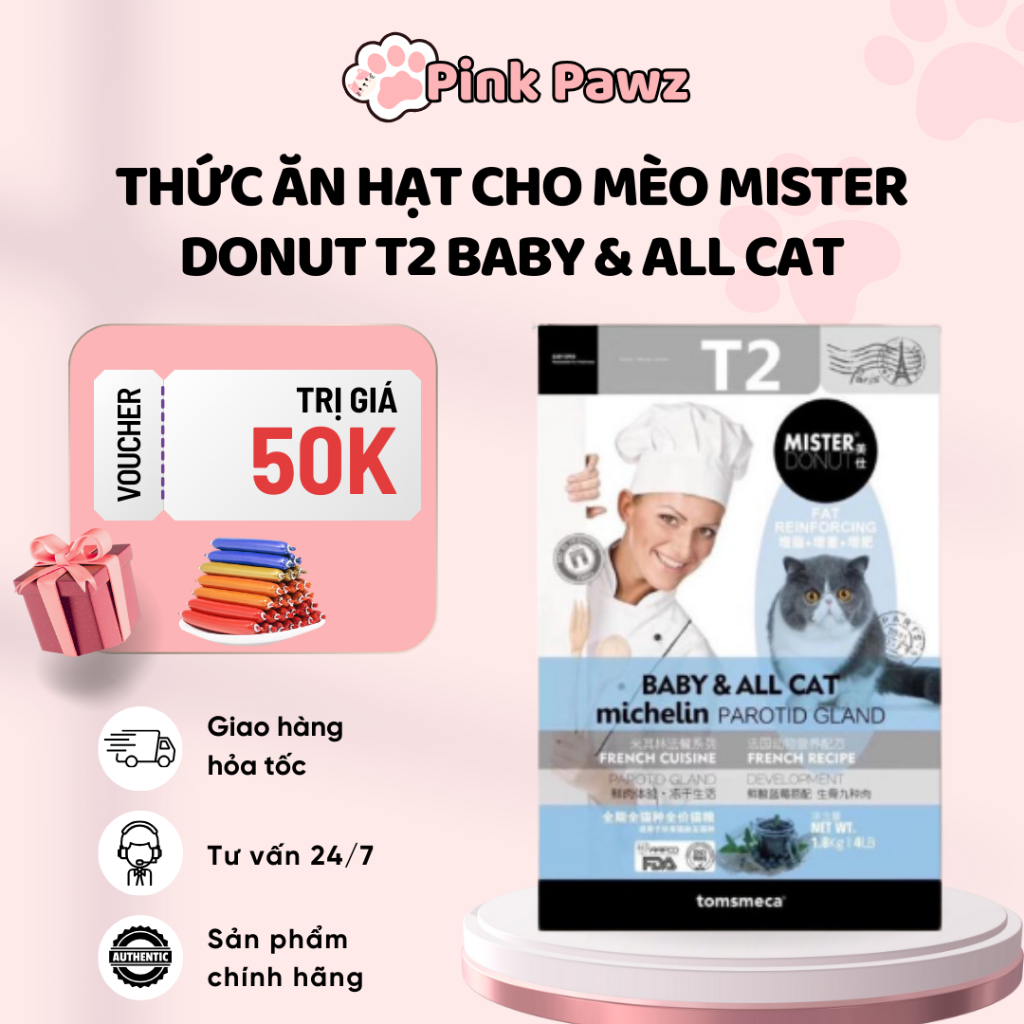 Thức Ăn Hạt Cao Cấp Mister Donut T2 1.8kg Cho Mèo Mọi Lứa Tuổi – Dinh Dưỡng, Đẹp Lông - Pink Pawz