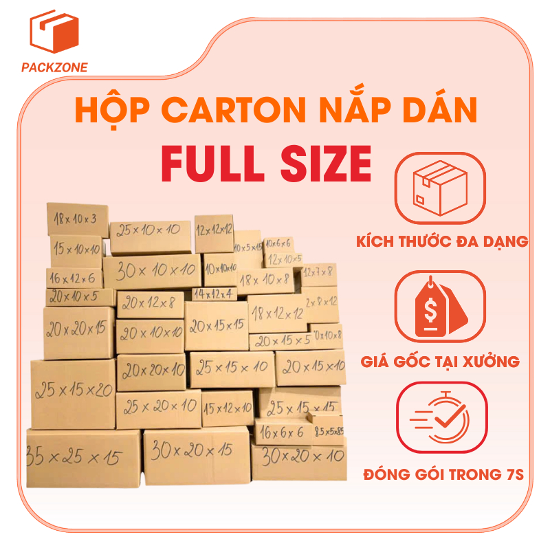 Combo 10 Hộp Carton Nắp Dán Full Size – Hộp Giấy Đóng Hàng Đủ Kích Thước, Giá Gốc Tận Xưởng PACKZONE