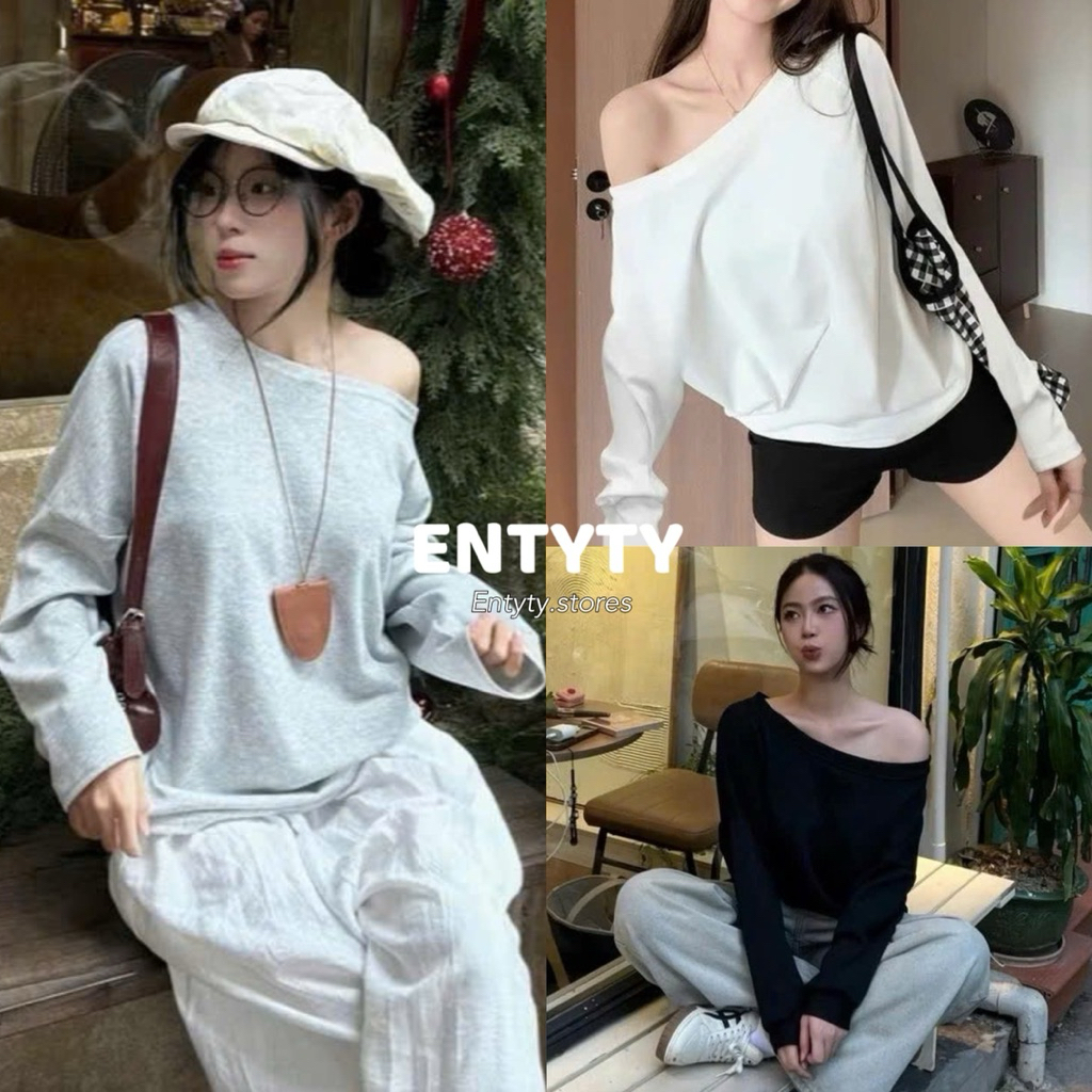 Áo Form rộng nữ thun cotton trơn đẹp dài tay, Áo lệch vai tay dài cotton trơn đẹp hot