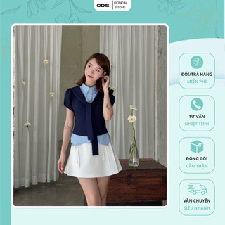 Áo Xanh Đen ODS thiết kế cổ sơ mi ra U phối blue caro cột nơ lai áo phối tay ngắn phồng - GZ2 