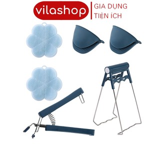 Bộ 6 Dụng Cụ Bếp Chống Nóng Vilahome, Kìm Kẹp Inox, Gang Tay, Miếng Rửa Chén Bát Silicone