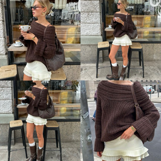 (SẴN KEM) Áo Len Trễ Vai Vân Ngang Form Rộng Freesize (ẢNH SÀN SHOP TỰ CHỤP)