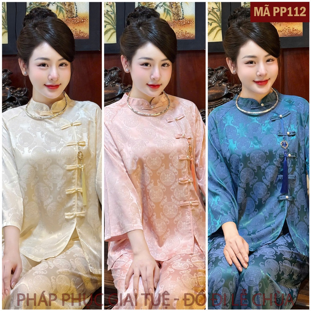 Pháp Phục Lễ Chùa Nữ, Mã Thọ Gấm Kèm Charm, Chất liệu Lụa Gấm 2 Da Hoạ Tiết Chữ Thọ (PP112)