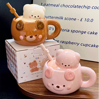 Ly cốc gốm sứ hình chú gấu ngộ nghĩnh kèm nắp và ống hút có hộp làm quà tặng ý nghĩa - XXB