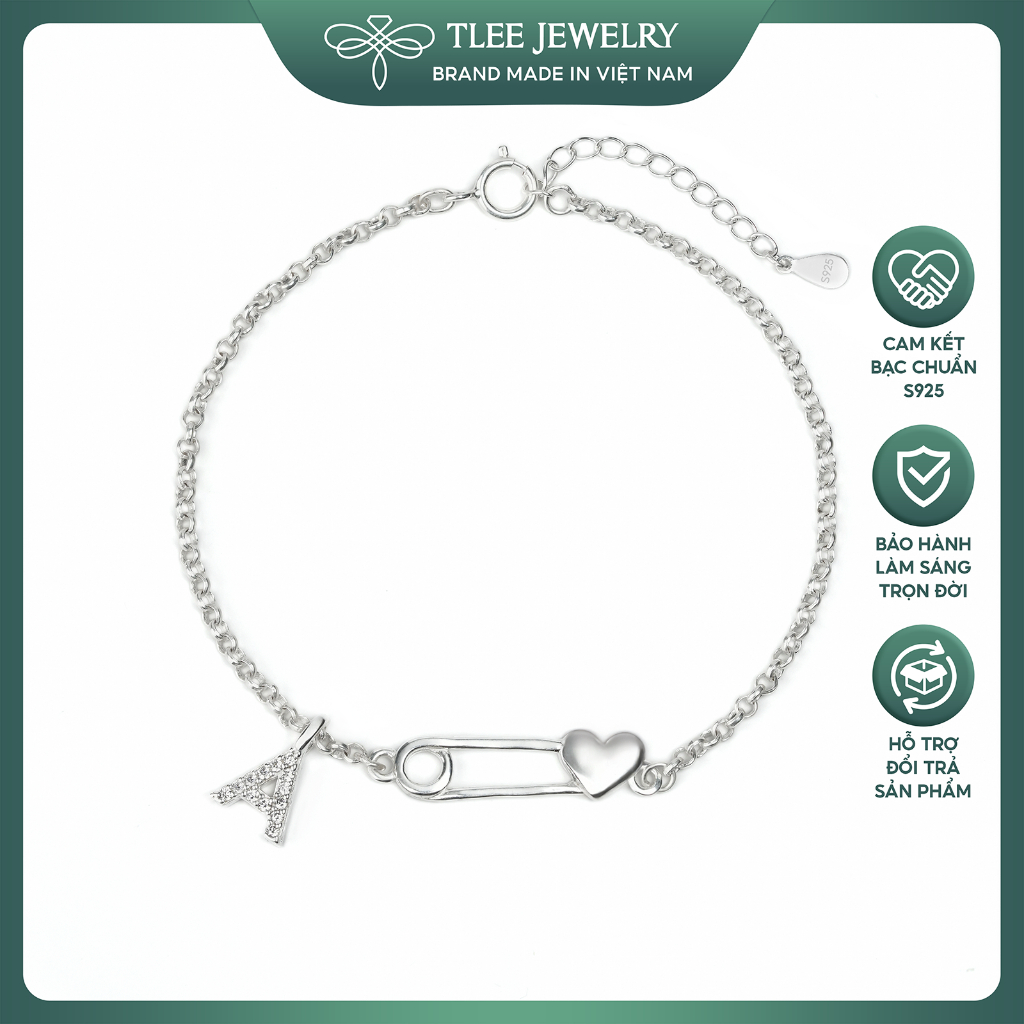 Lắc tay bạc TLEE Safety Pin ghim băng trái tim treo mặt chữ cái đính đá TLEE JEWELRY LT0471