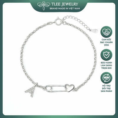 Lắc tay bạc TLEE Safety Pin ghim băng trái tim treo mặt chữ cái đính đá TLEE JEWELRY LT0471