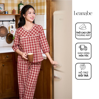 Bộ ngủ, pyjama Leanabe chất thô kate hàn áo tay lỡ quần dài 25T104-06