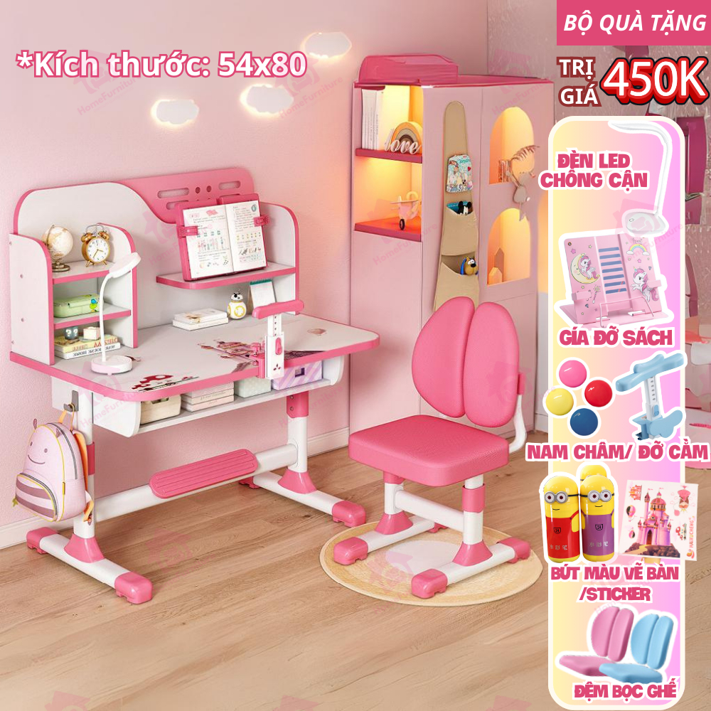 Bộ bàn học cho bé, bàn học chống gù size 80cm D05 Home Furniture, bàn học sinh cho trẻ em nhiều quà