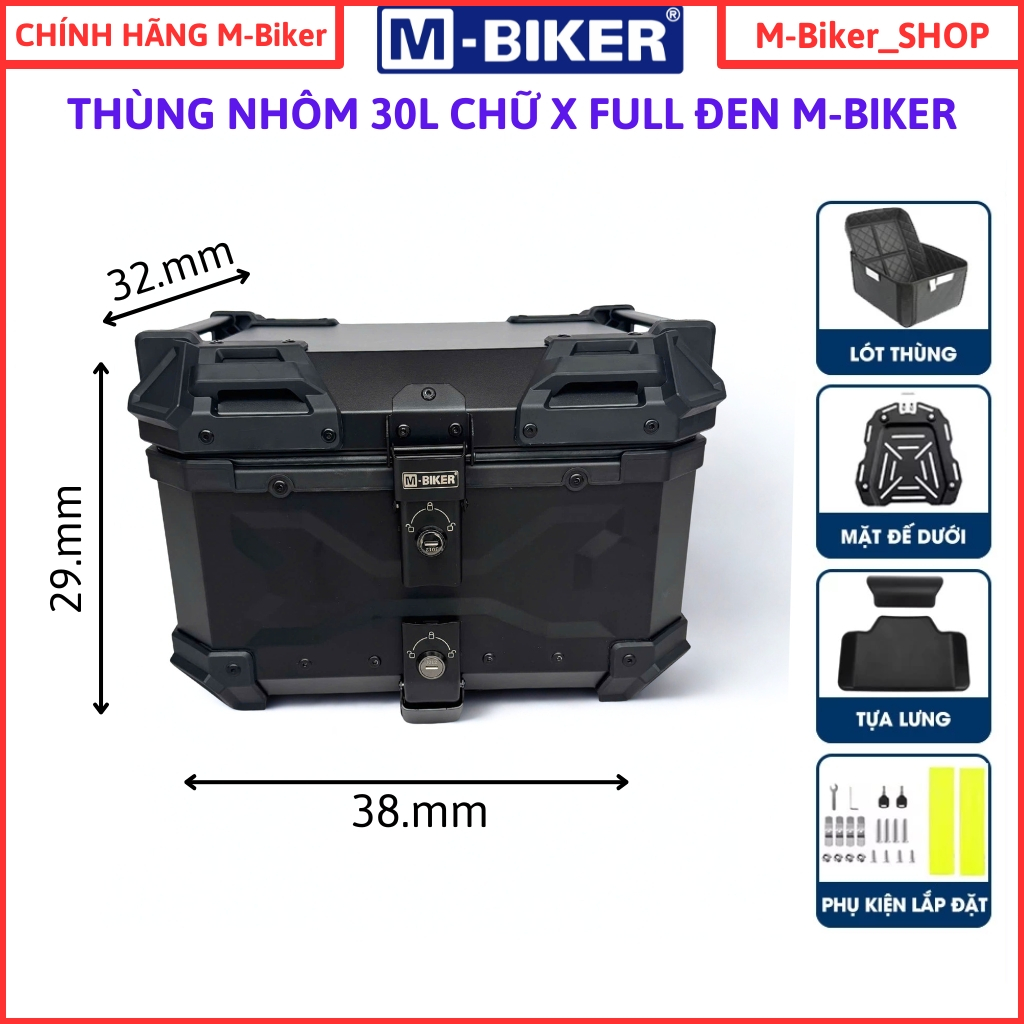 Thùng nhôm 30L M-BIKER, thùng nhôm xe máy, 22l 28l 35L 36l 45l 55L 65L, thùng nhôm chính hãng Mbiker
