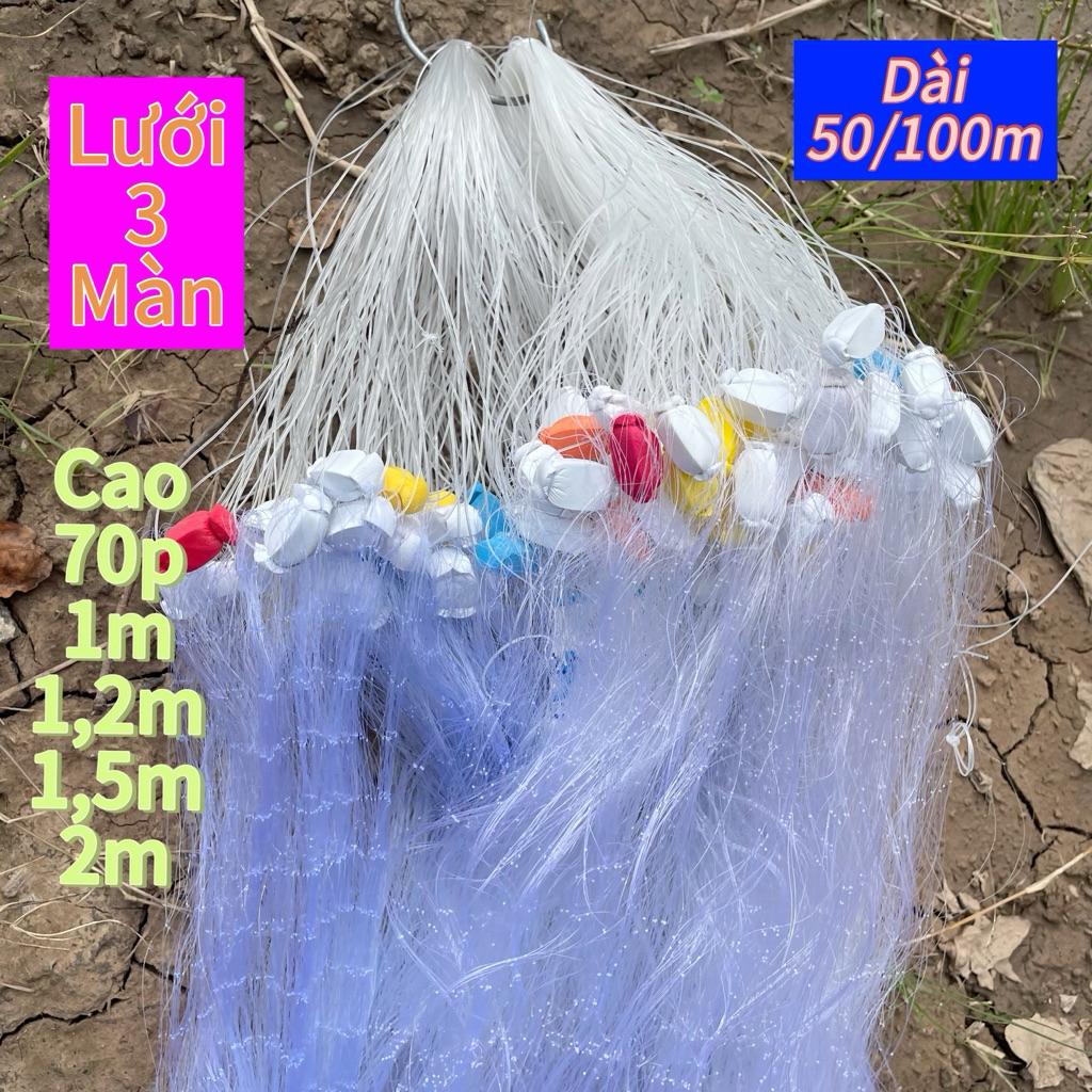Lưới 3 màn đánh bắt cá, lưới giăng ao hồ sông suối, dài 90/100m và 45/50m