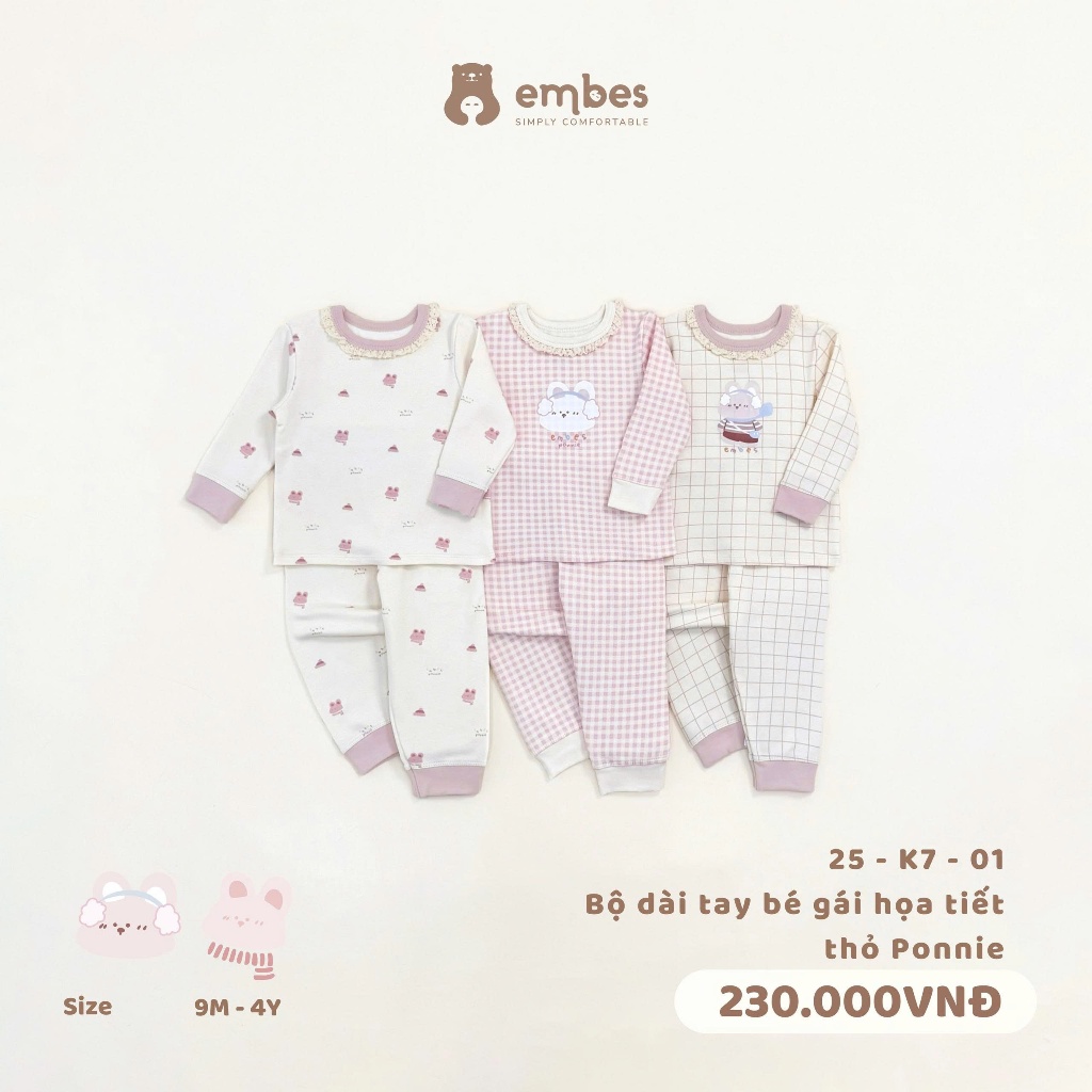  Bộ Dài Tay Bé Gái Embes Bộ Đồ Dài Tay Cổ Viền Ren In Hình Thỏ Chất Cotton Cho Bé Gái Size Từ 8-18kg 