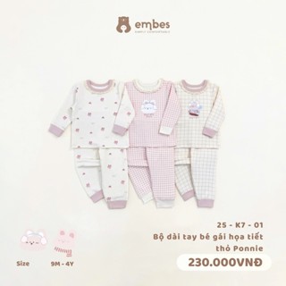 Bộ Dài Tay Bé Gái Embes, Bộ Đồ Dài Tay Cổ Viền Ren In Hình Thỏ Chất Cotton Cho Bé Gái Size Từ 8-18kg