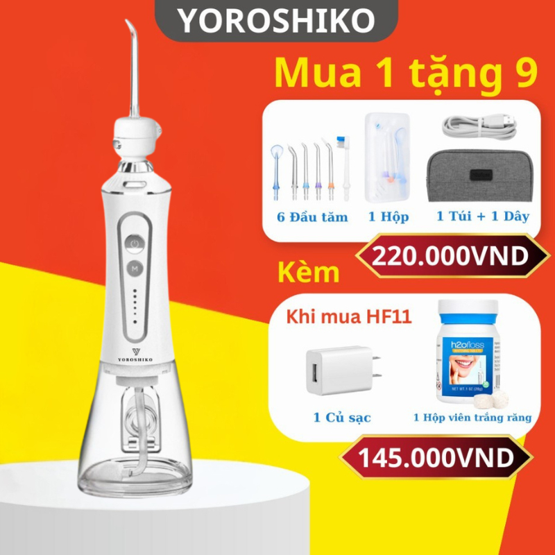 Máy Tăm Nước Yoroshiko HF-11P Cao Cấp  kèm Xịt Trắng Răng thơm miệng - Hàng chính hãng