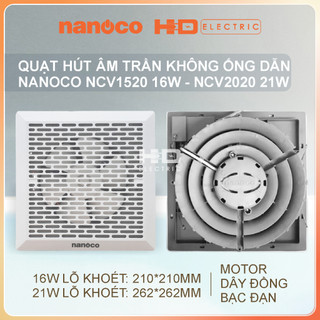 Quạt hút âm trần không dùng ống dẫn Nanoco NCV1520 16W và NCV2020 21W motor dây đồng bạc đạn bền bỉ