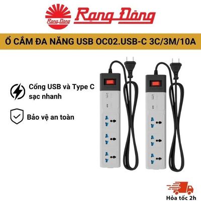 Ổ Cắm Đa Năng USB OC02.USB-C 3C/3M/10A, vỏ nhựa ABS bền bỉ chống cháy, tích hợp 2 cổng USB và Type C cho sạc nhanh