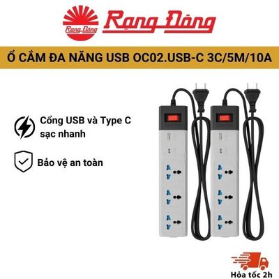 Ổ Cắm Đa Năng USB OC02.USB-C 3C/5M/10A, bảo vệ chống xung điện và quá tải, thiết kế linh hoạt với nhiều ổ cắm an toàn