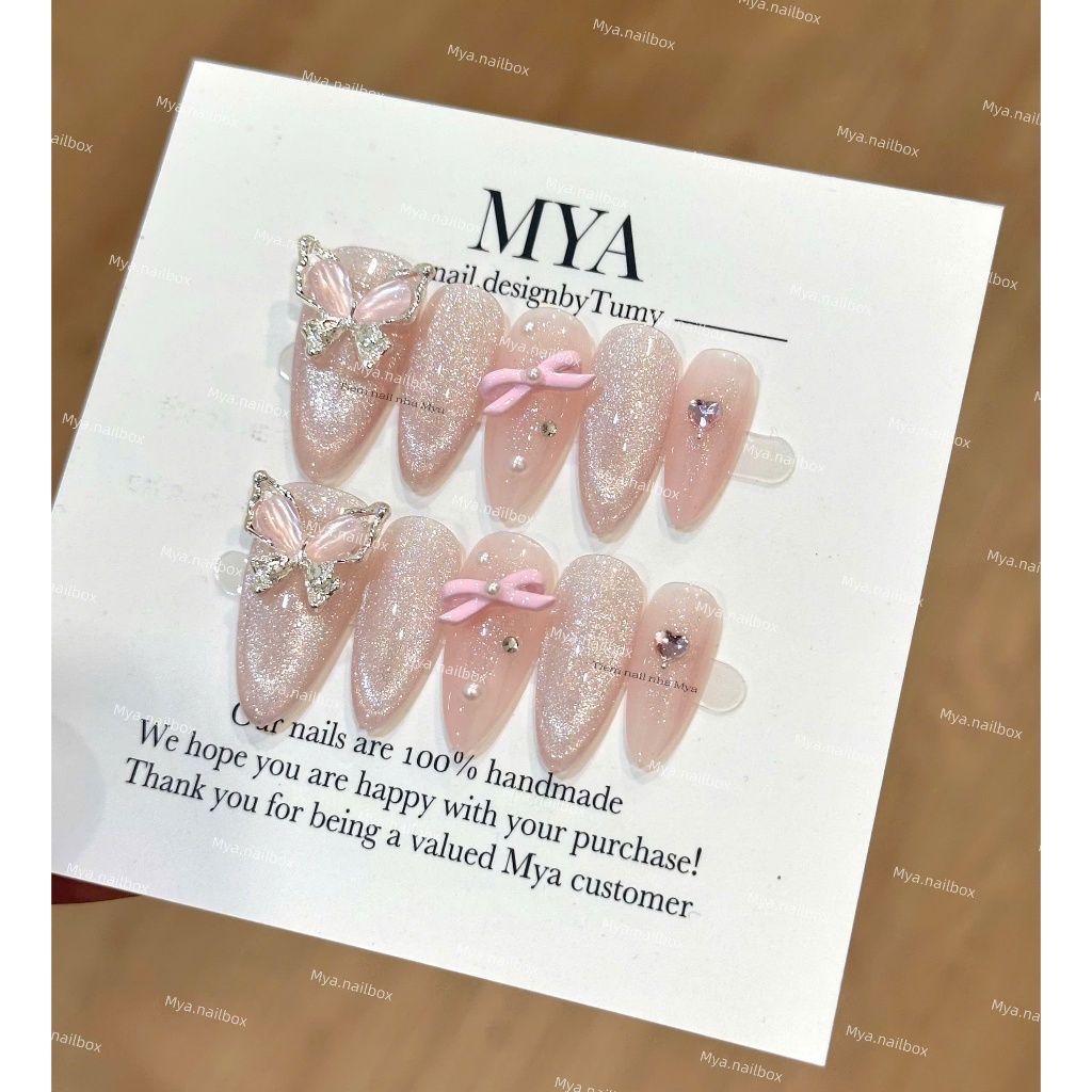 M395 - Nailbox mắt mèo hồng gắn charm hồng xinh, nailbox hồng xinh